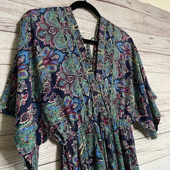 Indian Silk Maxi Dress with Kimono Sleeves, Size Medium - Picture 3 of 12